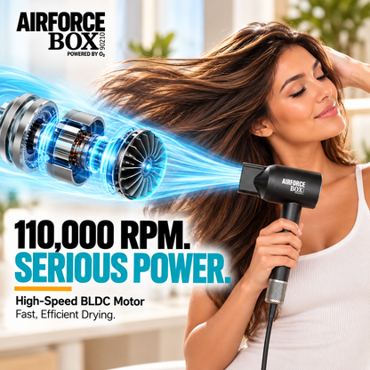 BOX90210 AIRFORCE graphic showing an exploded motor illustration with blue airflow beside a woman holding the hair dryer.