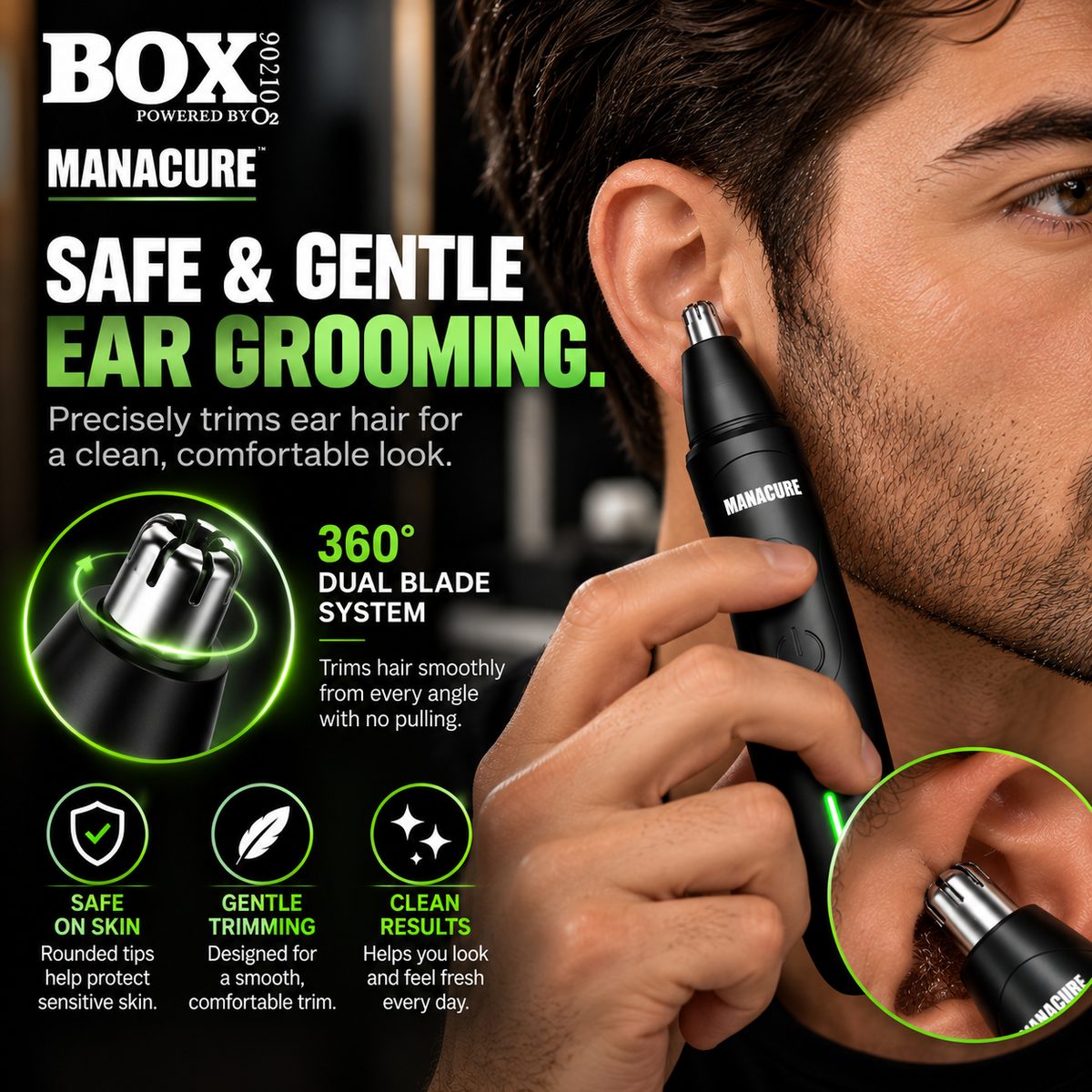 Man using a black MANACURE trimmer at his outer ear, with close-up insets of the silver trimming tip and ear grooming.