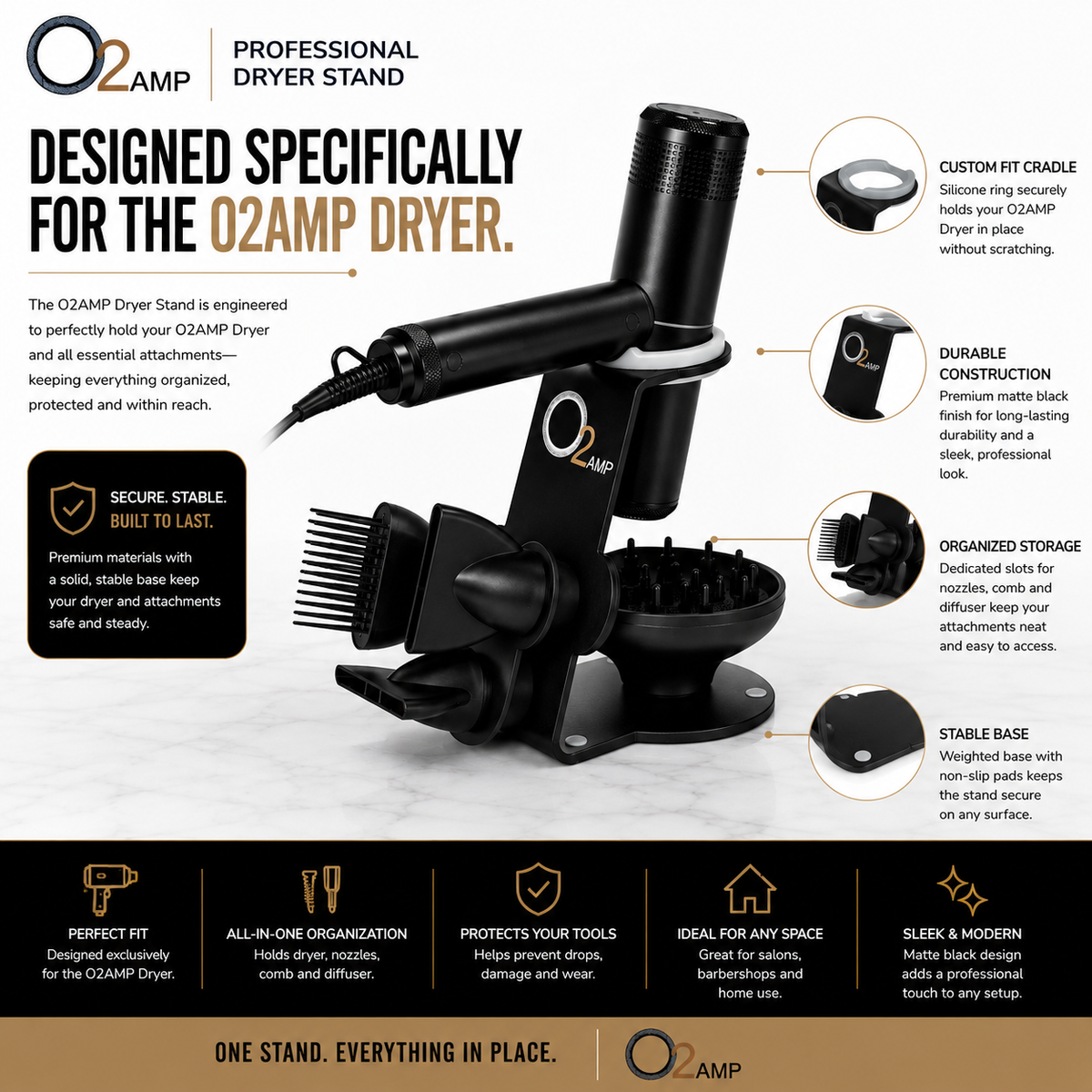 O2AMP stand holding a dryer and attachments, with close-ups of the silicone cradle, matte finish, attachment storage, and base.