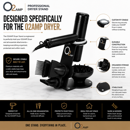 O2AMP stand holding a dryer and attachments, with close-ups of the silicone cradle, matte finish, attachment storage, and base.