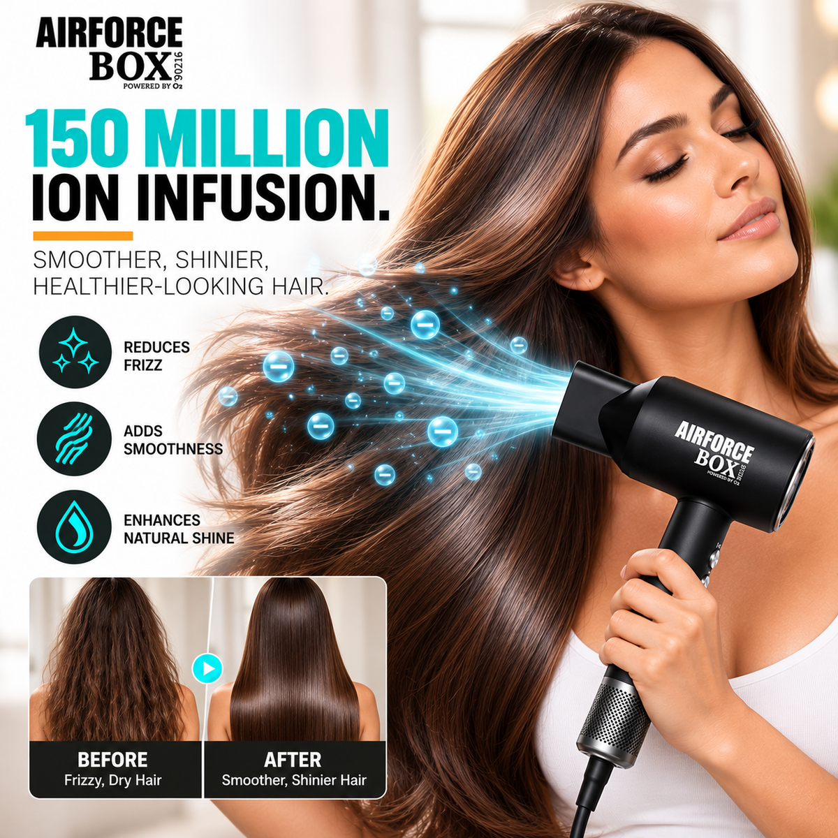 BOX90210 AIRFORCE ion-infusion graphic showing a woman holding the dryer, blue ion symbols and a before-and-after hair comparison.