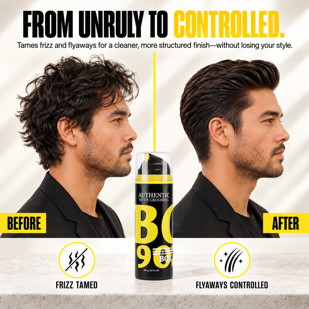 BOX90210 Hardcore Strong Hold Gel bottle between before-and-after side-profile portraits of a man with tousled hair on the left and sleek, swept-back hair on the right.