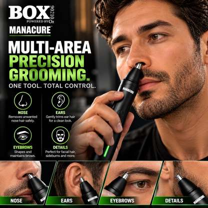 Man using a MANACURE nose and ear trimmer above four close-up panels showing nose, ear, eyebrow and sideburn grooming.