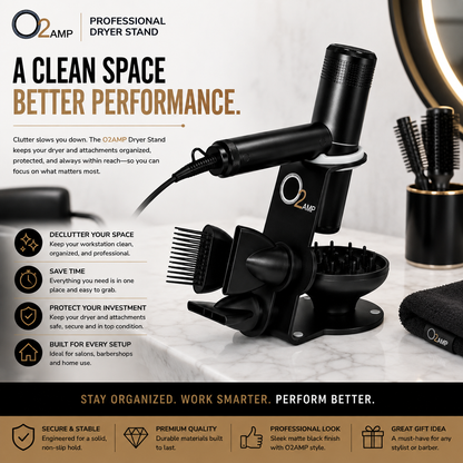 O2AMP stand organizing a black dryer, comb, nozzles, and diffuser on a salon counter beside brushes and a folded black towel.