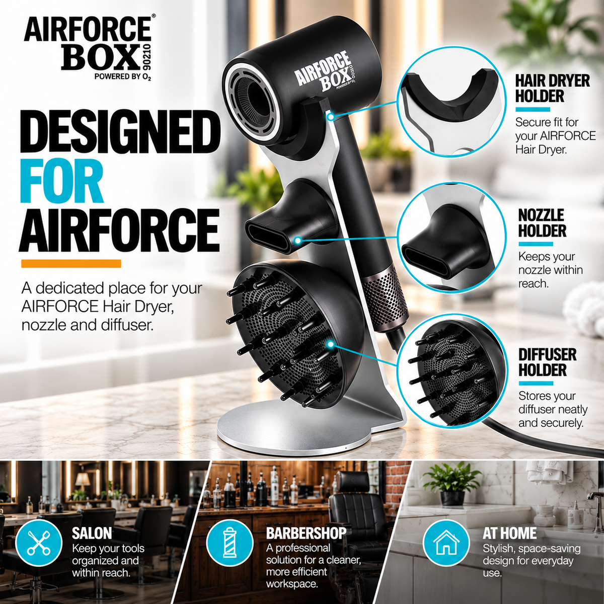 Angled view of the BOX90210 AIRFORCE docking stand holding a dryer and attachments, with salon, barbershop and home-use panels.