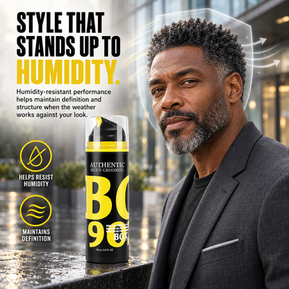 Man with short coily hair beside a BOX90210 Hardcore Strong Hold Gel bottle on a wet counter, with a shield outline and humidity-resistance and definition callouts.
