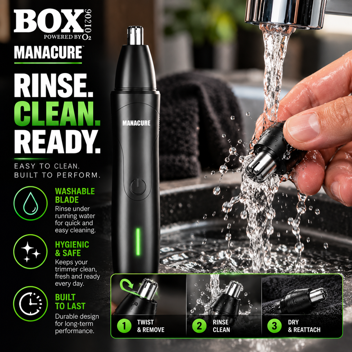 MANACURE nose and ear trimmer beside its detached head being rinsed under a faucet, with removal, rinsing and reattachment panels.