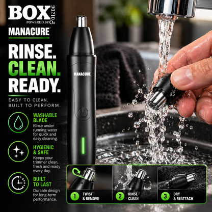 MANACURE nose and ear trimmer beside its detached head being rinsed under a faucet, with removal, rinsing and reattachment panels.