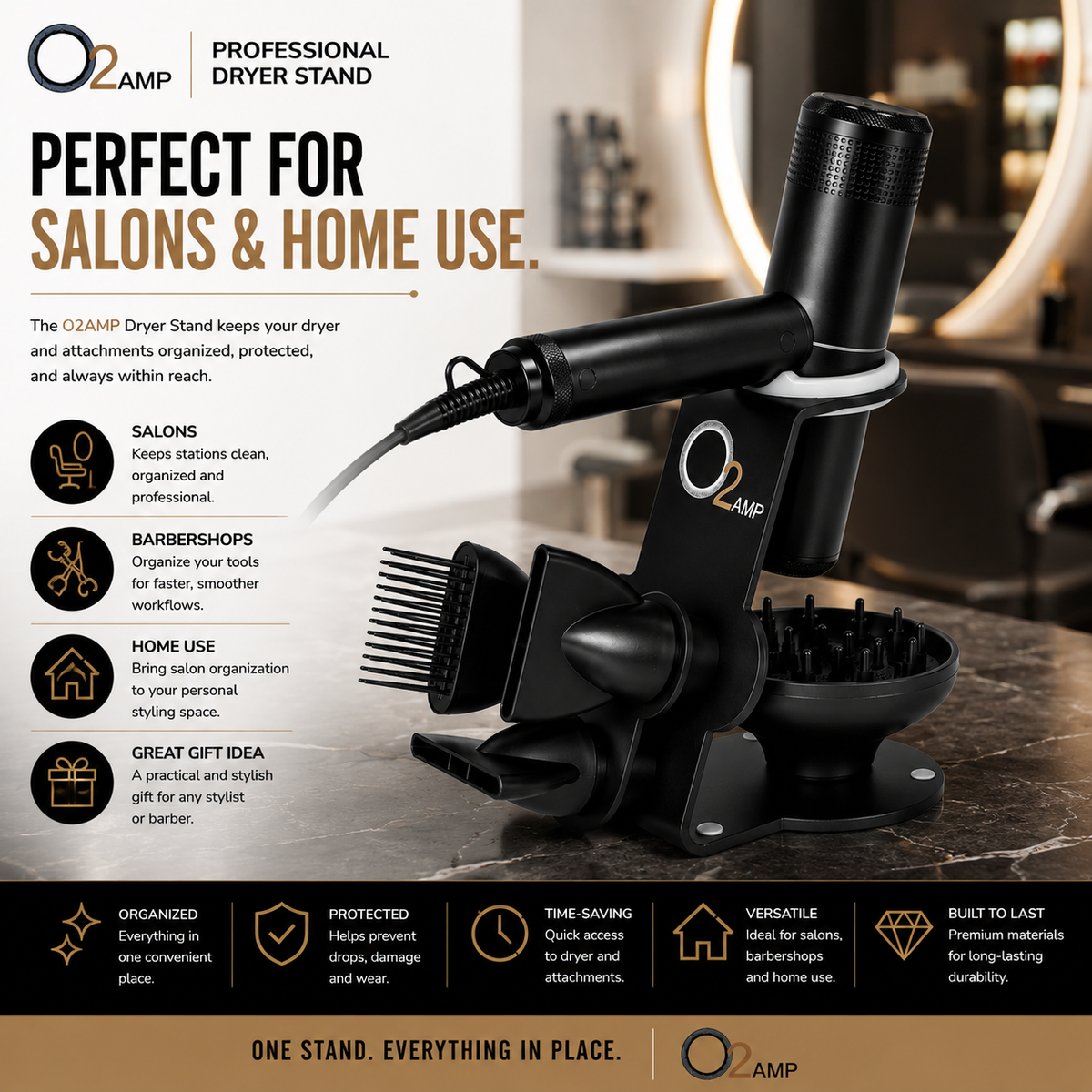 All seven current O2AMP Professional Dryer Stand images are reviewed and complete. Next is O2 Smoothing Comb Attachment.