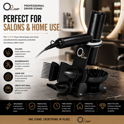 All seven current O2AMP Professional Dryer Stand images are reviewed and complete. Next is O2 Smoothing Comb Attachment.