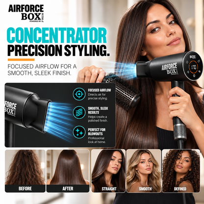 Woman styling long brown hair with a round brush and BOX90210 AIRFORCE concentrator nozzle, with hairstyle comparison panels.