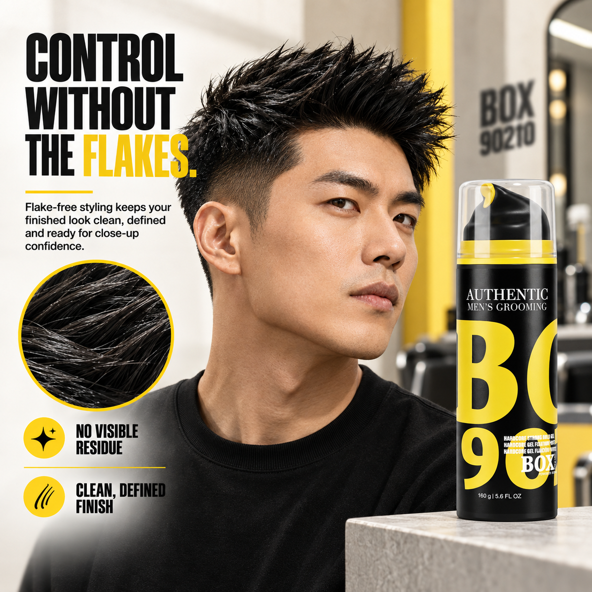 Man with short spiked hair beside a BOX90210 Hardcore Strong Hold Gel bottle and a circular hair close-up, with no-visible-residue and clean-finish callouts.