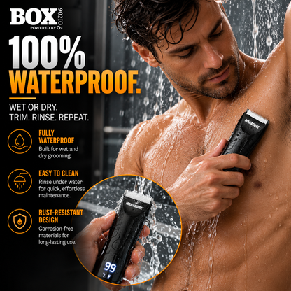 Man trimming his underarm with MANACURE in the shower, with a circular inset showing the trimmer rinsed under running water.