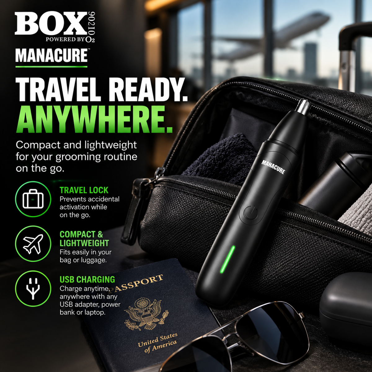 Black MANACURE nose and ear trimmer leaning against an open toiletry bag beside a passport and sunglasses in an airport setting.