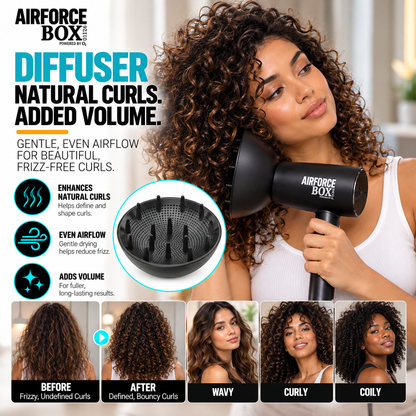 Woman drying curly hair with a BOX90210 AIRFORCE diffuser, with a diffuser close-up and wavy, curly and coily hairstyle panels.