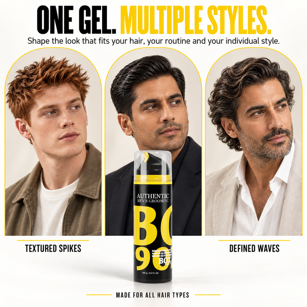 BOX90210 Hardcore Strong Hold Gel bottle in front of three men with textured spikes, sleek side-parted hair and defined waves.