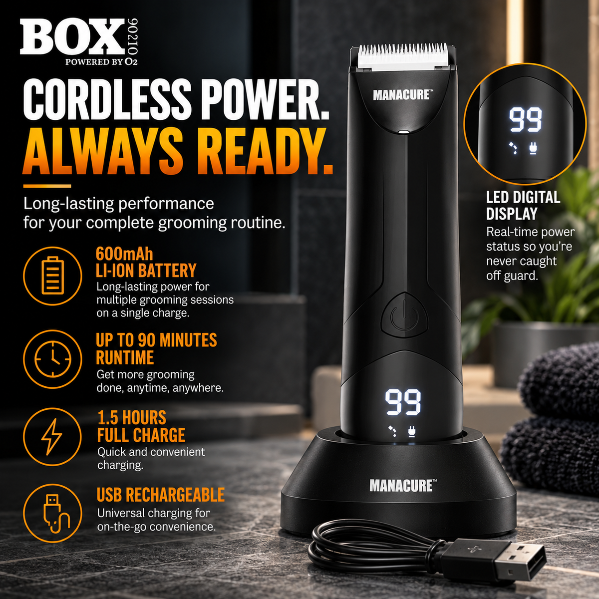 MANACURE trimmer in its charging base beside a USB cable, with a display close-up showing 99 and battery and charging callouts.