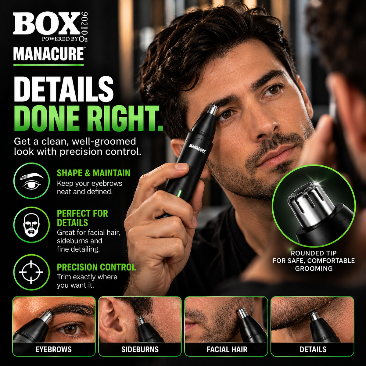 Man using a MANACURE trimmer at his eyebrow in a mirror, with a trimming-tip close-up and eyebrow, sideburn and facial-hair grooming panels.