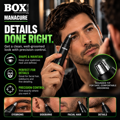 Man using a MANACURE trimmer at his eyebrow in a mirror, with a trimming-tip close-up and eyebrow, sideburn and facial-hair grooming panels.