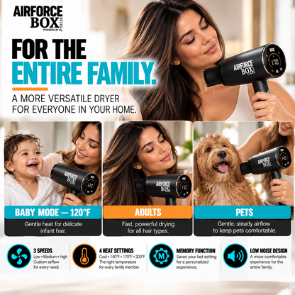 BOX90210 AIRFORCE family-use graphic showing a woman holding the dryer and separate panels featuring a child, an adult and a dog.