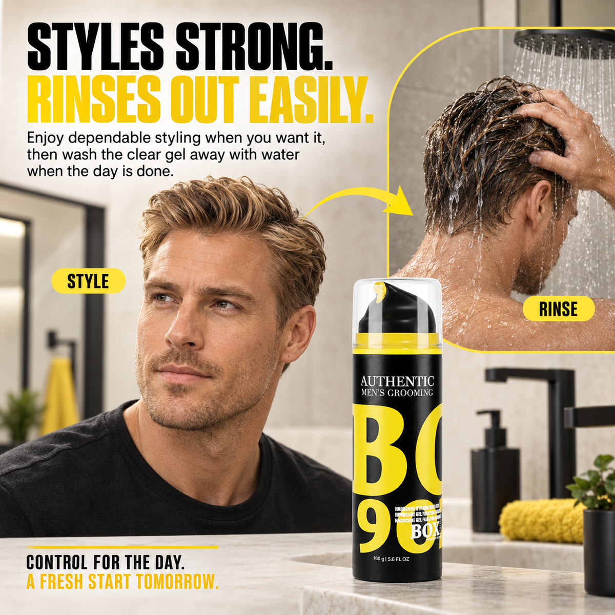 Man with swept-back blond hair beside a BOX90210 Hardcore Strong Hold Gel bottle, with an inset showing hair being rinsed under a shower.