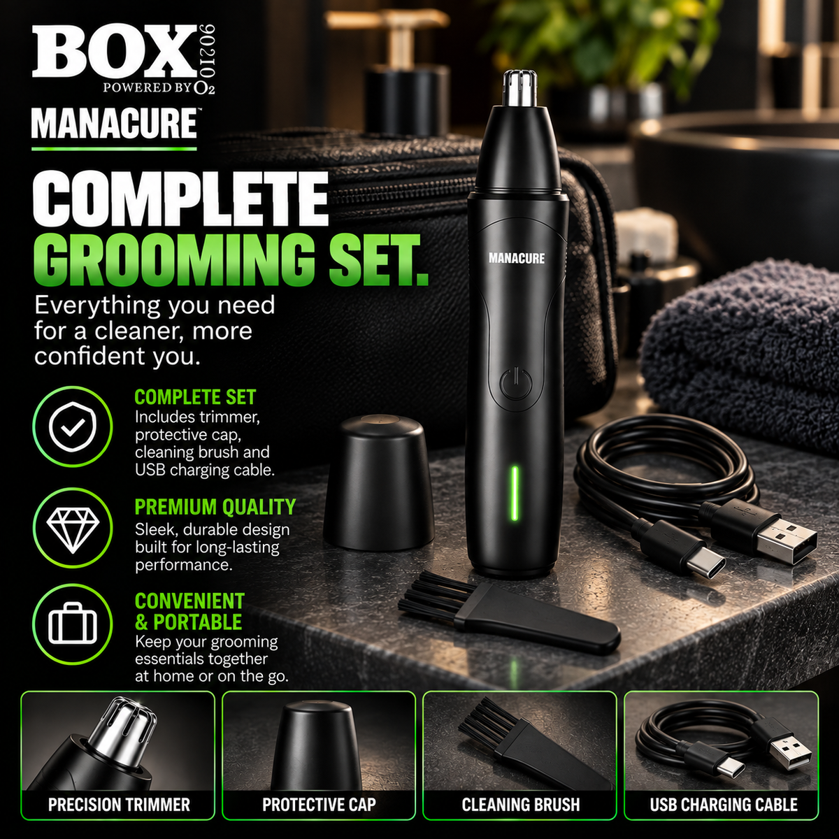 Black MANACURE nose and ear trimmer beside its protective cap, cleaning brush and USB charging cable on a bathroom counter.