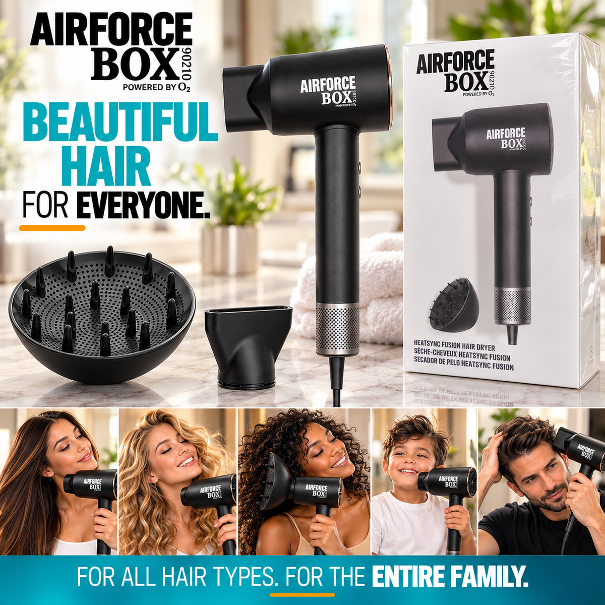 BOX90210 AIRFORCE dryer with retail box, diffuser and concentrator attachments above five panels of adults and a child using the dryer.