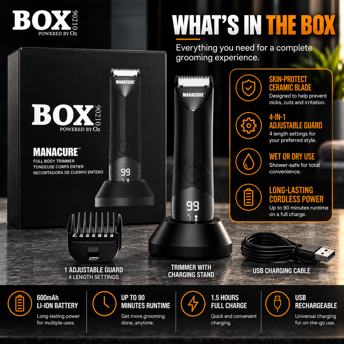 MANACURE full body trimmer in its charging stand beside the retail box, adjustable guard and USB charging cable.