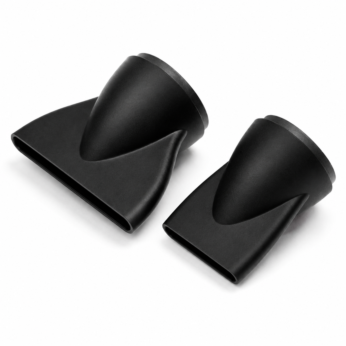 Two black O2 Hypersonic hair dryer replacement concentrator nozzles with different-width openings, shown on white.