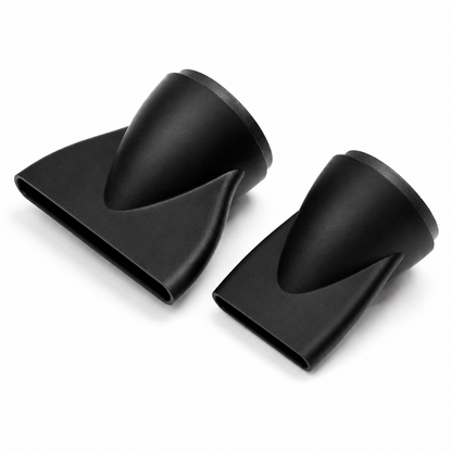 Two black O2 Hypersonic hair dryer replacement concentrator nozzles with different-width openings, shown on white.
