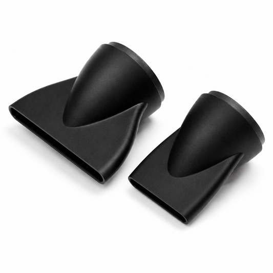 Two black O2 Hypersonic hair dryer replacement concentrator nozzles with different-width openings, shown on white.