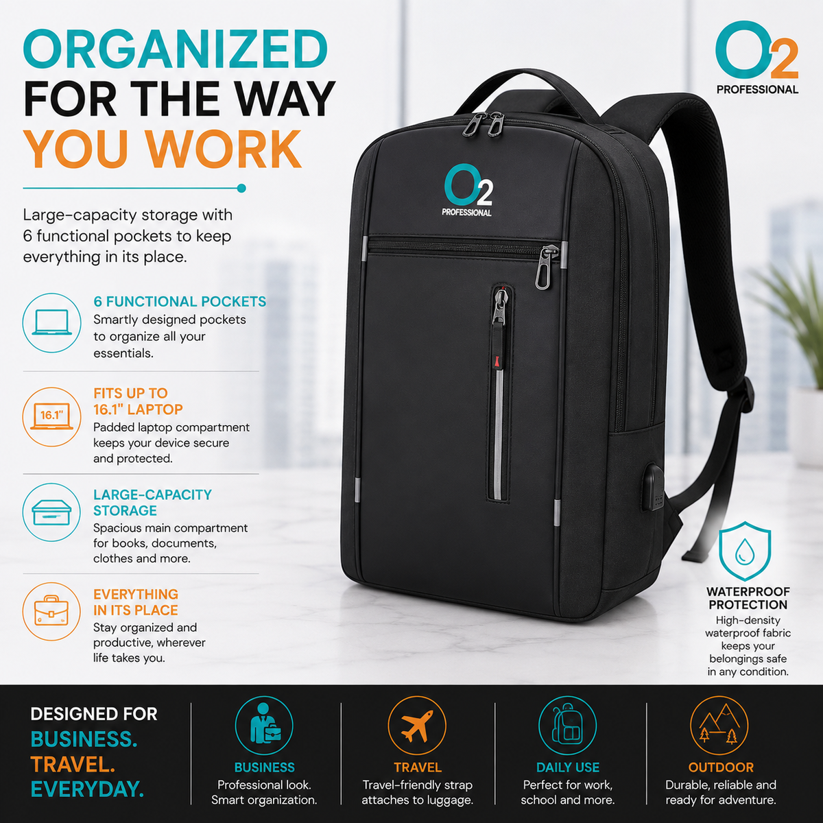 Black O2 Professional backpack shown at an angle with front zip pockets, a top handle, and shoulder straps, beside storage feature icons.