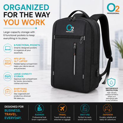 Black O2 Professional backpack shown at an angle with front zip pockets, a top handle, and shoulder straps, beside storage feature icons.