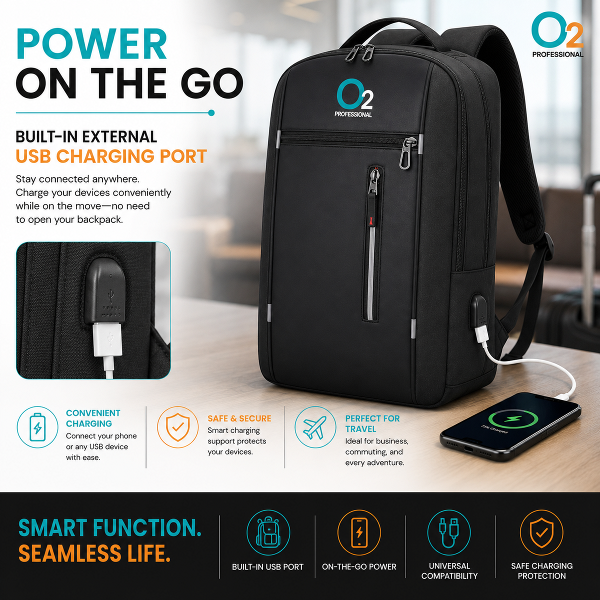Black O2 Professional backpack connected to a phone by a white cable, with an inset close-up of its external USB port.