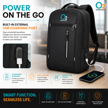Black O2 Professional backpack connected to a phone by a white cable, with an inset close-up of its external USB port.