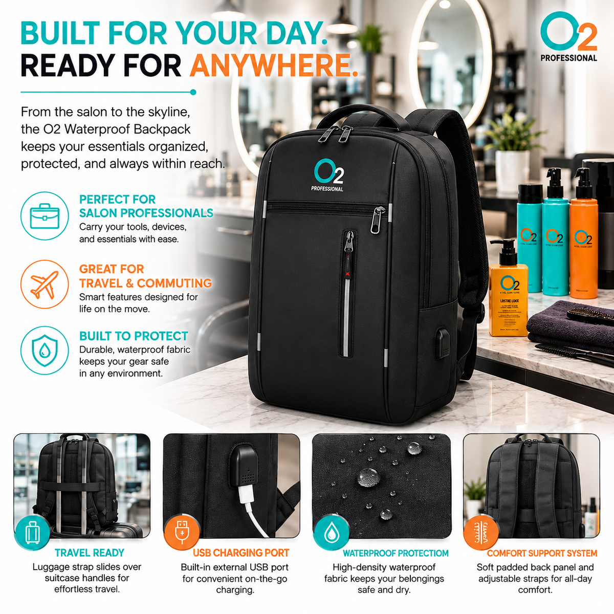 Black O2 backpack on a salon counter beside hair products, above close-ups of its luggage strap, USB port, fabric, and padded back.