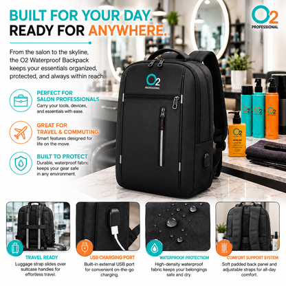 Black O2 backpack on a salon counter beside hair products, above close-ups of its luggage strap, USB port, fabric, and padded back.