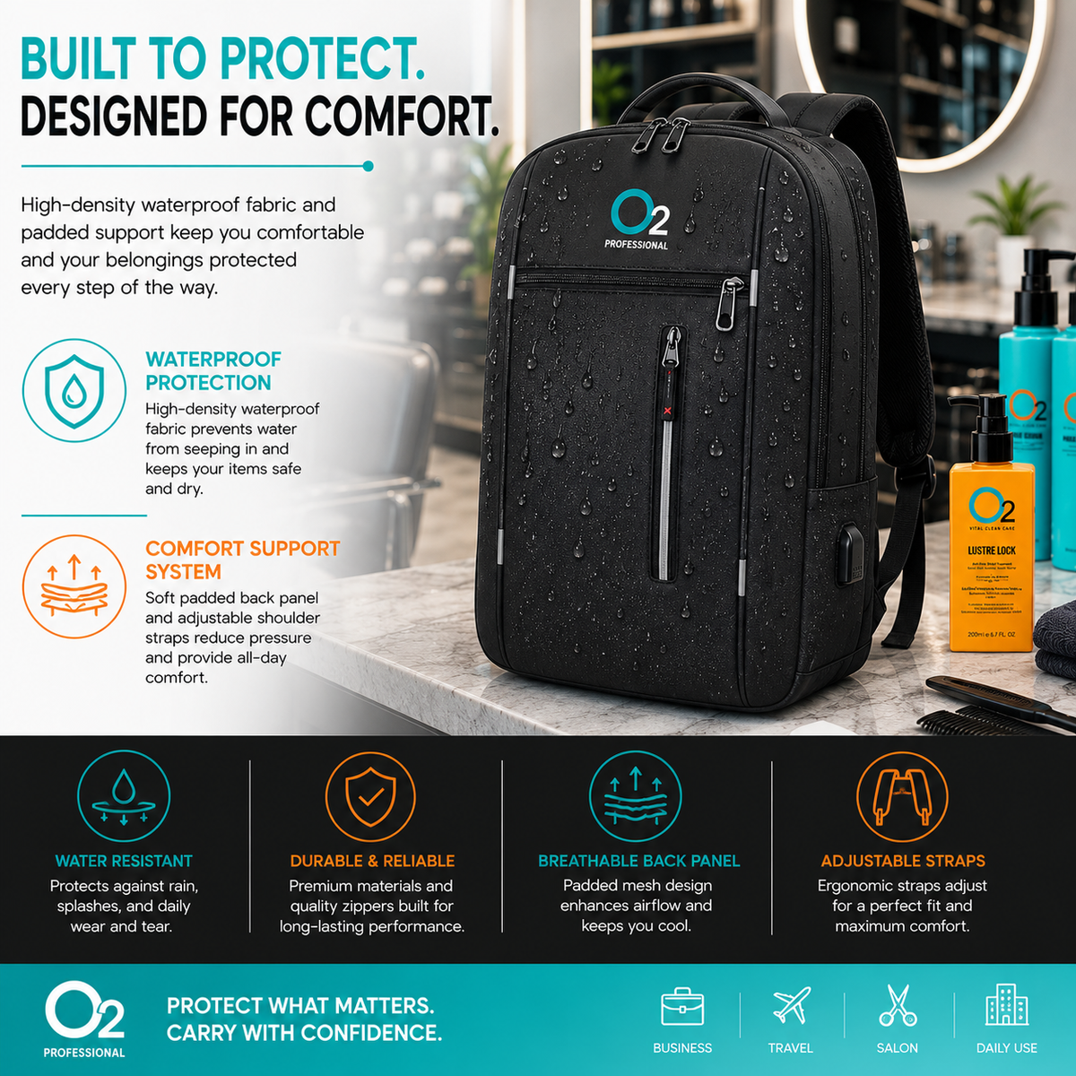 Black O2 backpack covered in water droplets on a salon counter beside hair products, with fabric and comfort feature icons.