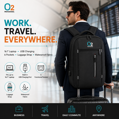Man in a dark suit wearing a black O2 Professional backpack while holding rolling luggage in an airport, beside feature icons.