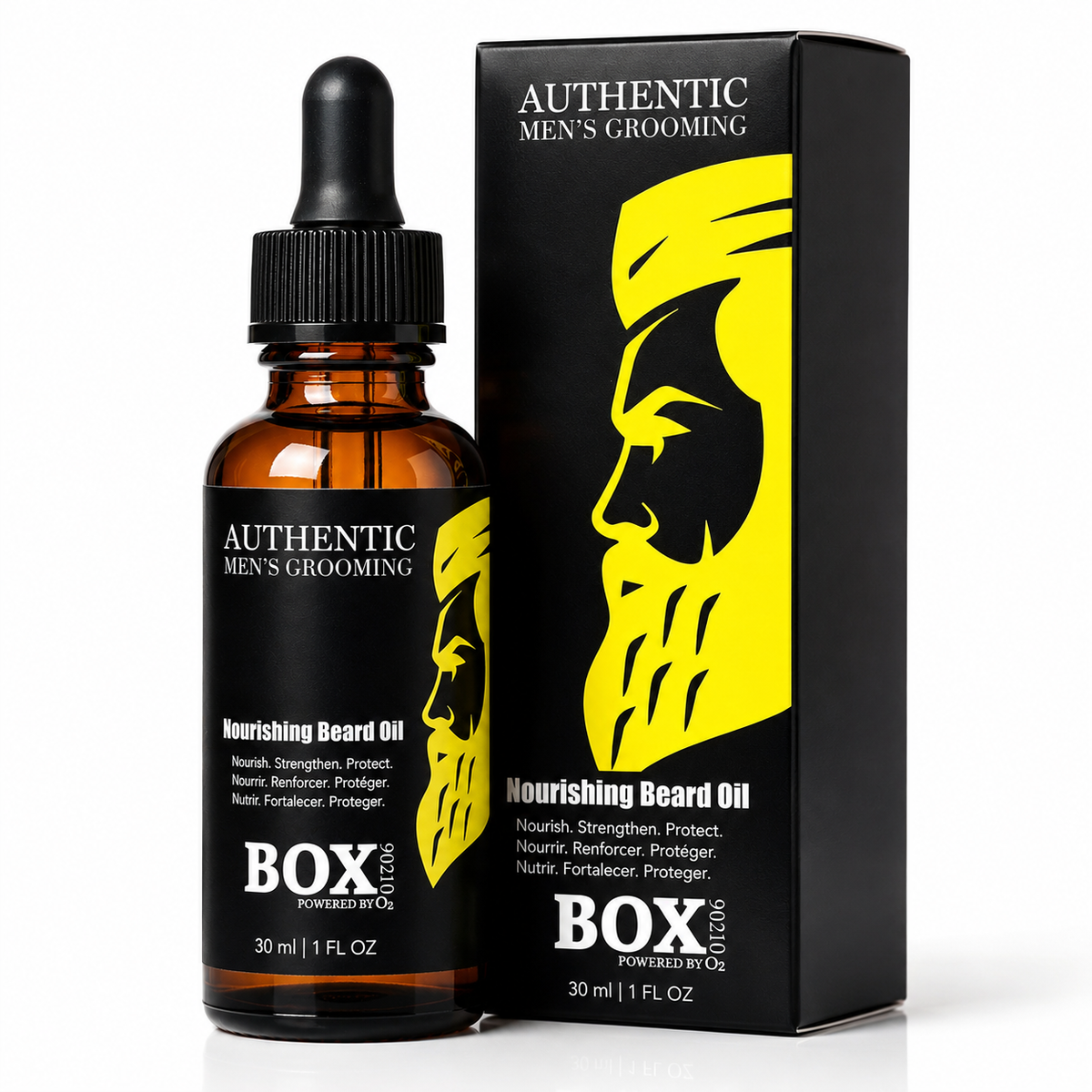 Amber BOX90210 Nourishing Beard Oil bottle with a black dropper beside its matching black retail box, both with a yellow bearded-face graphic and labeled 30 ml / 1 fl oz, shown on white.