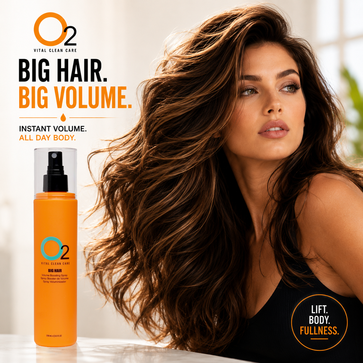 Orange O2 BIG HAIR volume boosting spray bottle beside a woman with long, voluminous brown hair.