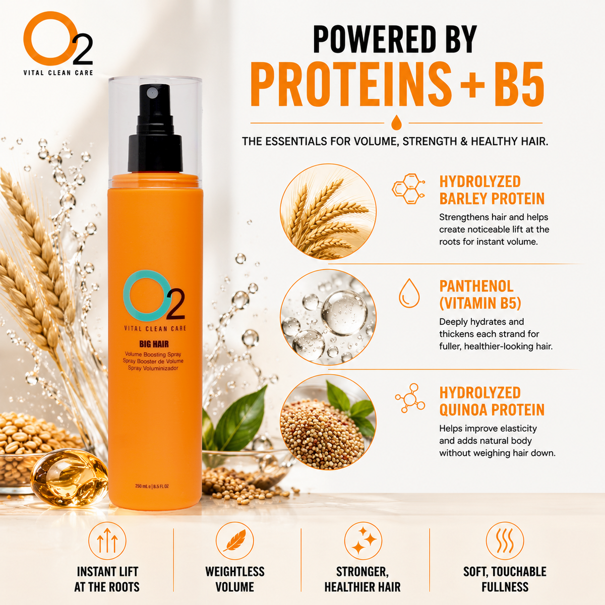 Orange O2 BIG HAIR volume boosting spray bottle beside ingredient graphics for hydrolyzed barley protein, panthenol vitamin B5 and hydrolyzed quinoa protein.