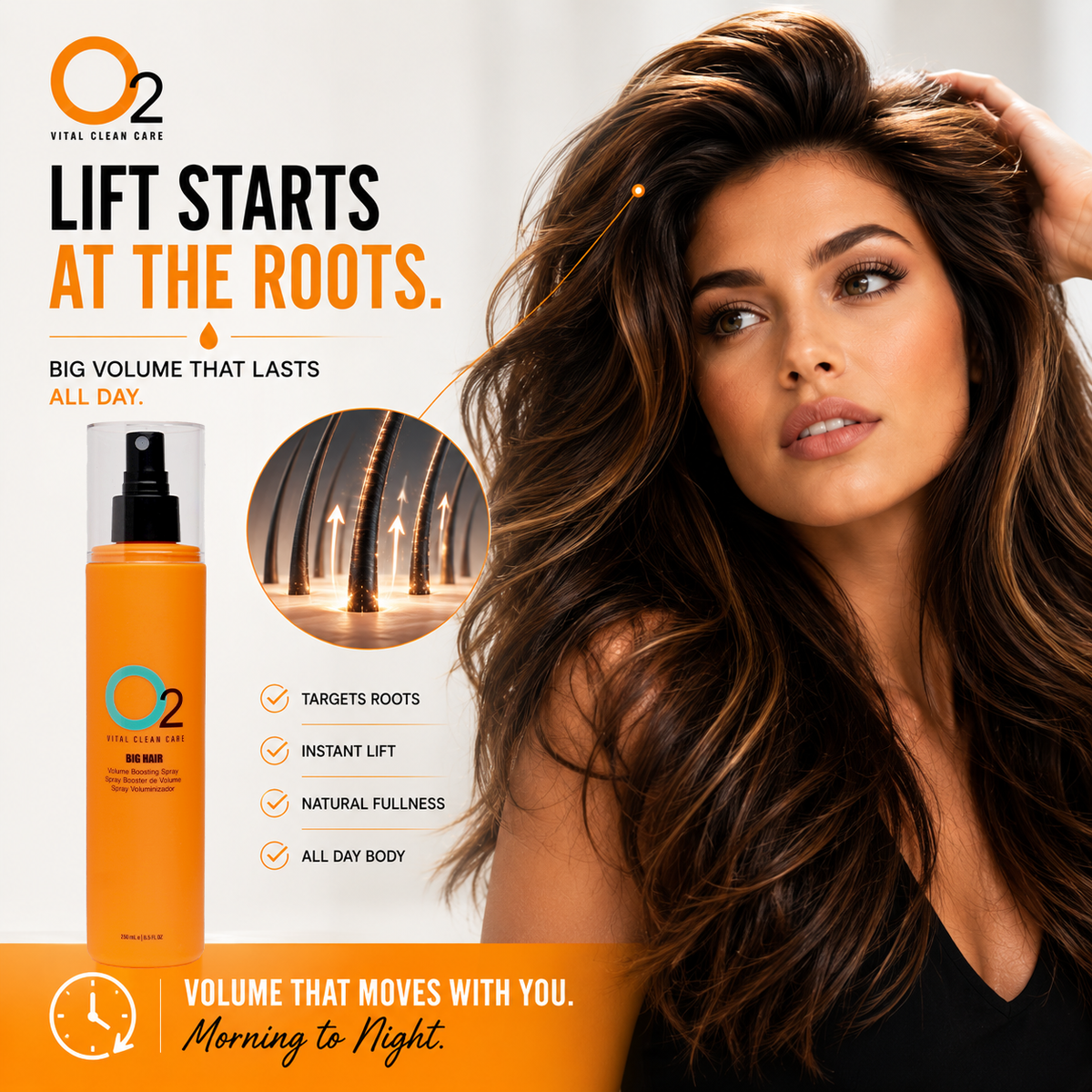 Orange O2 BIG HAIR volume boosting spray bottle beside a woman with voluminous brown hair and a close-up illustration of root lift.