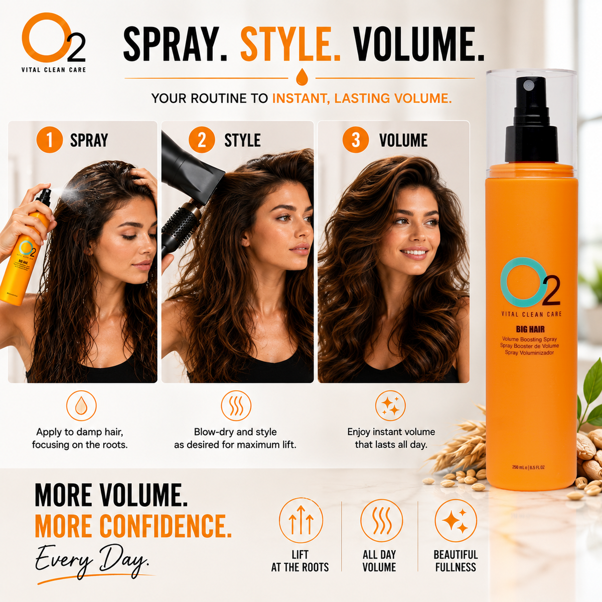 O2 BIG HAIR volume boosting spray beside three photos showing application to damp hair, blow-drying with a round brush and the finished voluminous hairstyle.