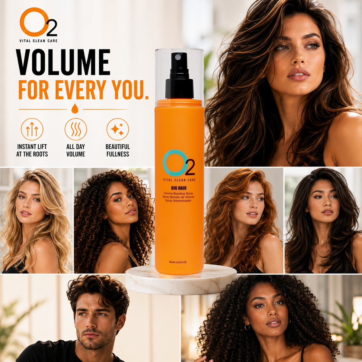 Orange O2 BIG HAIR volume boosting spray bottle on a white pedestal, surrounded by women and a man with varied hair textures and voluminous hairstyles.
