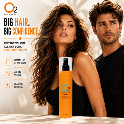 Orange O2 BIG HAIR volume boosting spray bottle beside a woman with long, voluminous brown hair and a man with a textured, wavy hairstyle.