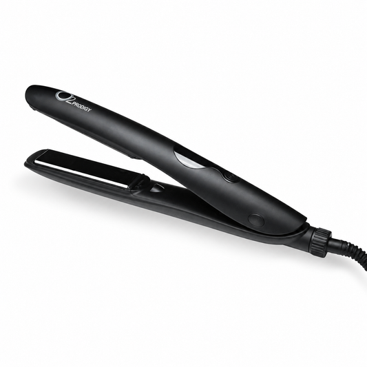 Black O2PRODIGY Titanium Ceramic Styler shown open on a white background.
