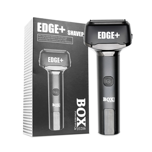 Black and silver BOX90210 EDGE+ foil shaver standing beside its branded retail box on a white background.
