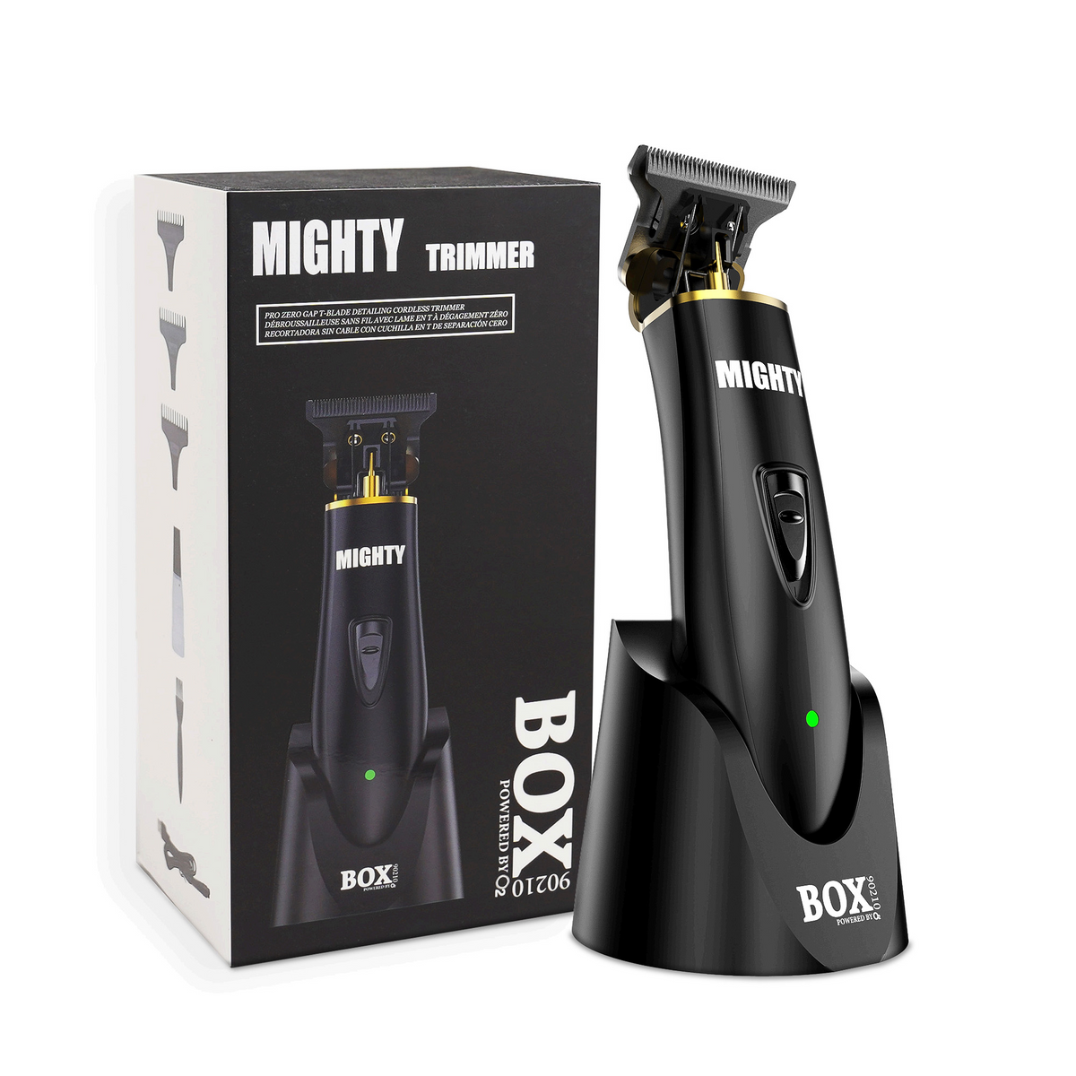 Black BOX90210 MIGHTY trimmer with a silver T-blade and gold accents in its charging stand beside the retail box on white.