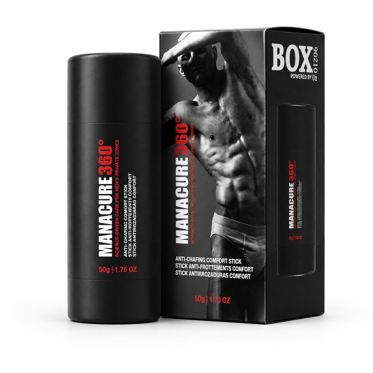 Black MANACURE360 Anti-Chafing Comfort Stick container beside its matching retail box, with red and white branding and labeled 50 g / 1.76 oz, shown on white.